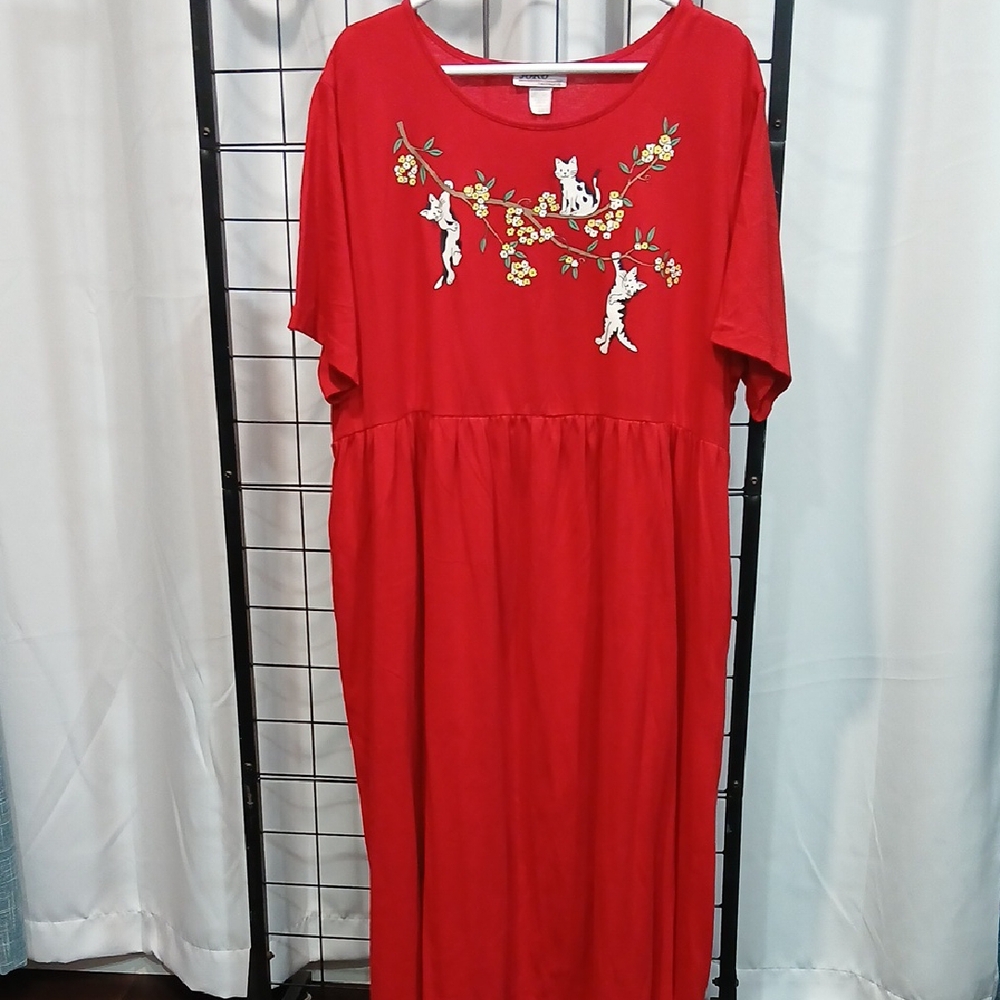 Red Dress with Cat Embroidery